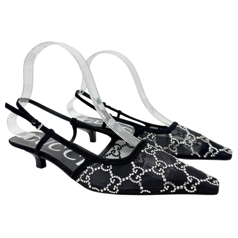 New Gucci Tom GG Crystal Monogram Slingback Pumps Black Size 36 - Picture 2 of 10